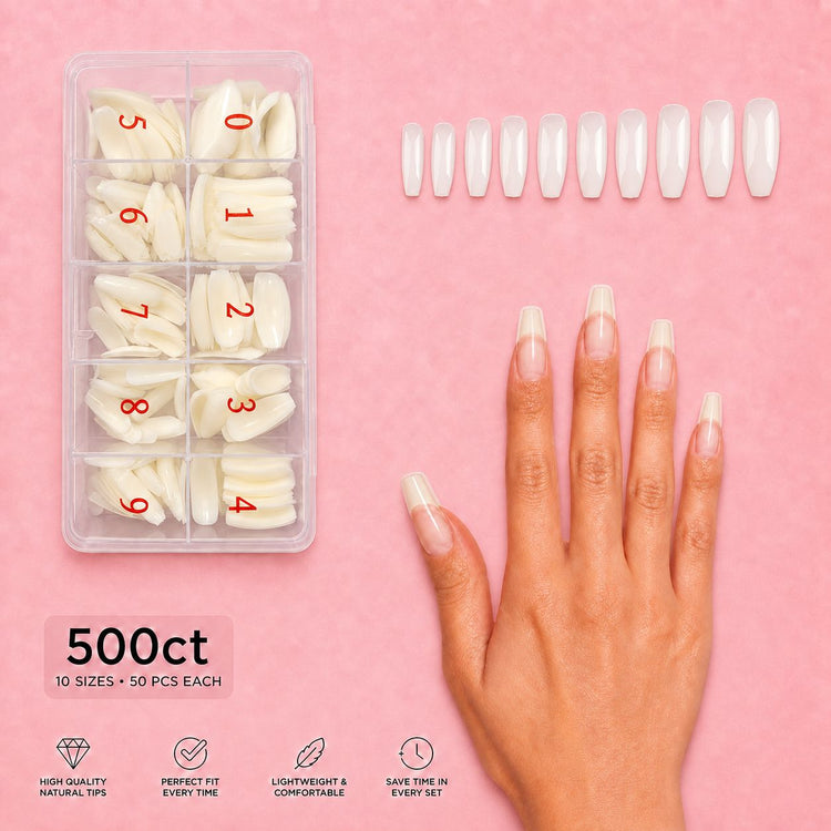 NSI Coffin Nail Tips Natural 500ct numbered tray with hand wearing natural coffin tips