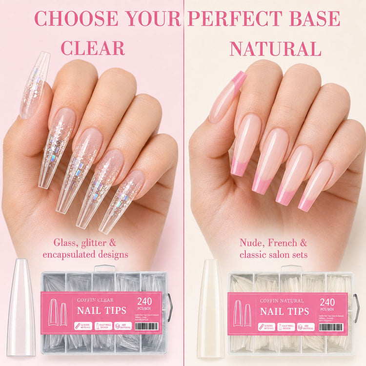 Coffin Nail Tips Clear versus Natural comparison for glitter encapsulated and French salon nail designs