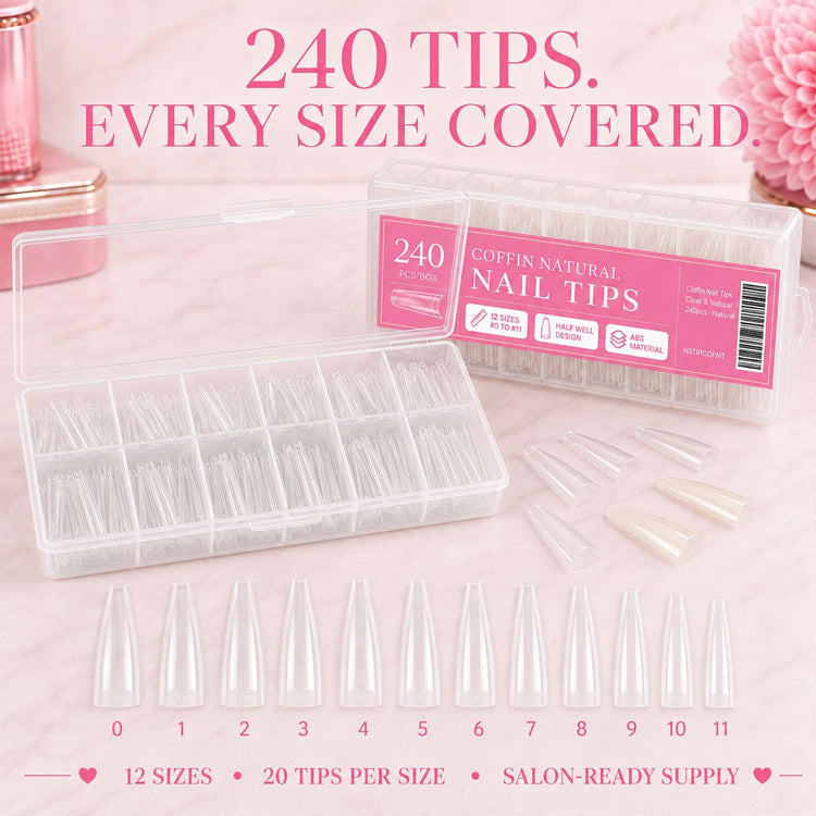 Coffin Nail Tips 240 pieces across 12 sizes numbered 0 to 11 with 20 tips per size