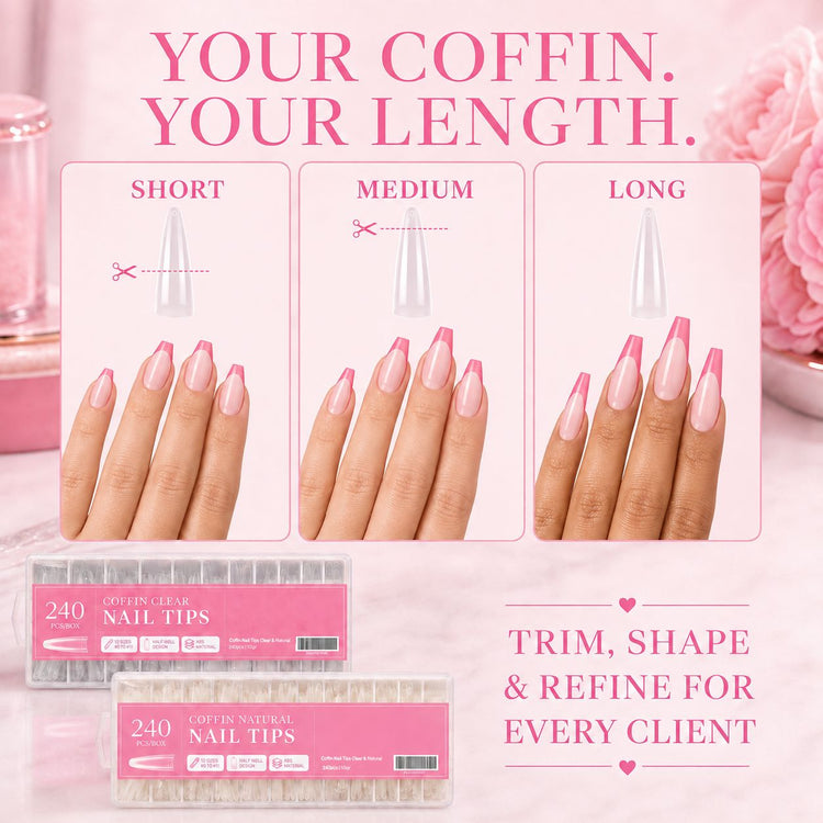 Coffin Nail Tips trimmed to short, medium and long lengths showing customisable coffin nail extensions