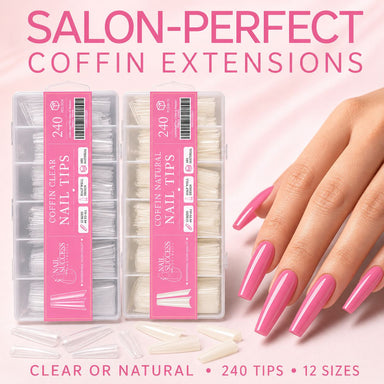 Coffin Nail Tips Clear and Natural 240pcs boxes by Nail Success Australia with finished coffin nail set