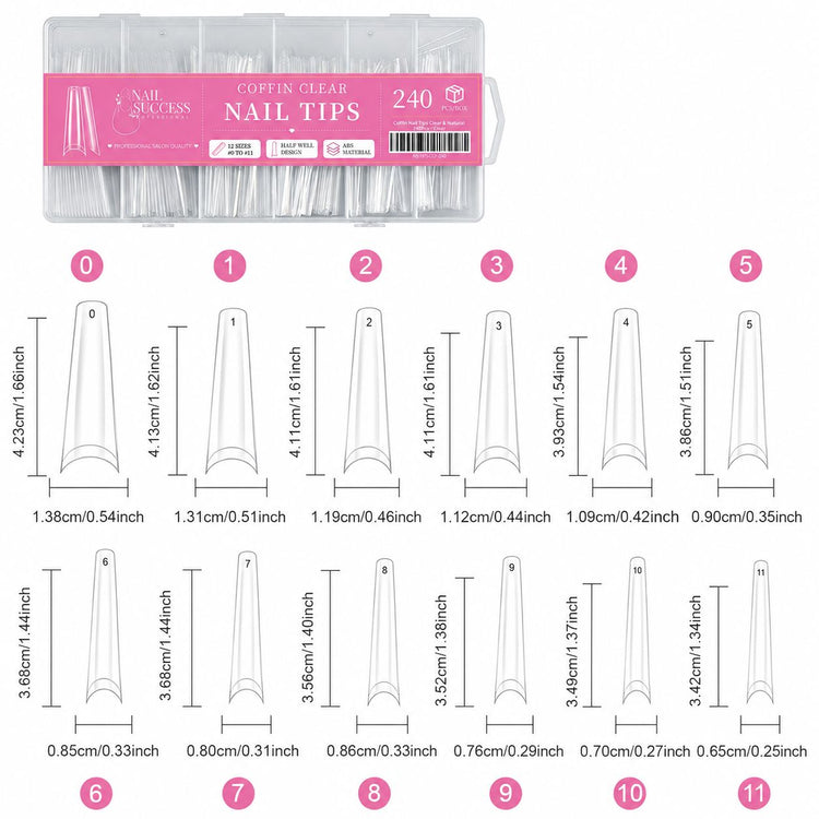 Coffin Clear Nail Tips size chart with 12 sizes 0 to 11 and measurements in cm and inches