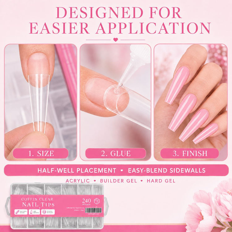 Coffin Nail Tips half well application steps showing sizing, nail glue placement and finished coffin nail