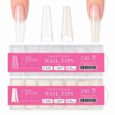 Coffin Nail Tips Clear and Natural 240pcs boxes by Nail Success Australia with coffin tips shown on the nail and 12 sizes per box