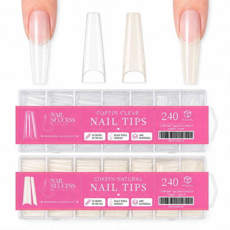 Coffin Nail Tips Clear and Natural 240pcs boxes by Nail Success Australia with coffin tips shown on the nail and 12 sizes per box
