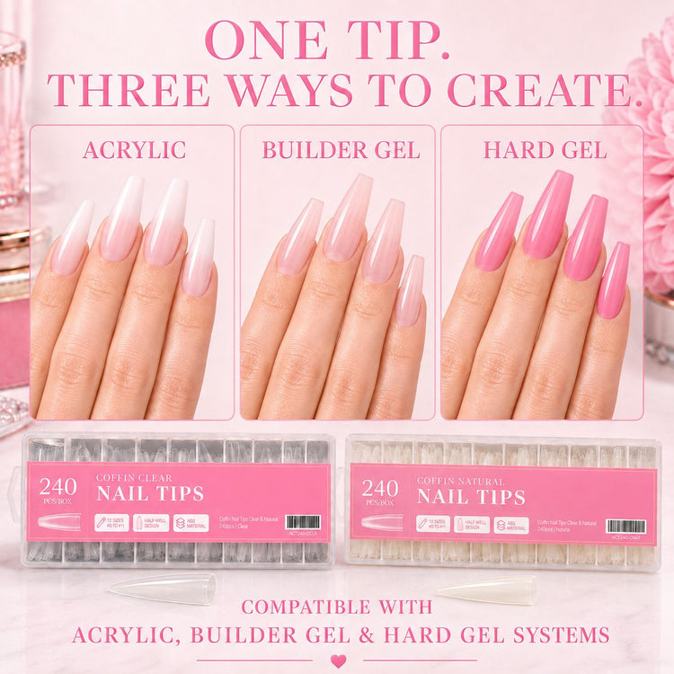 Coffin Nail Tips compatible with acrylic, builder gel and hard gel nail extension systems