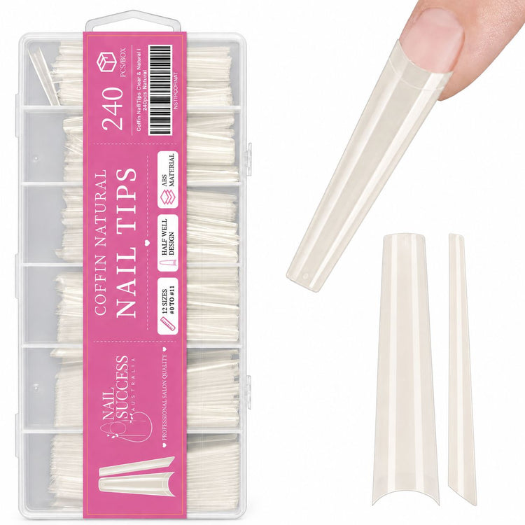 Coffin Nail Tips Natural 240pcs box by Nail Success Australia with natural coffin tips on white background