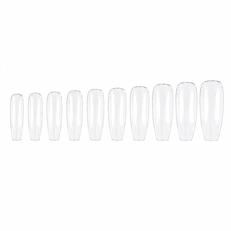 Clear coffin nail extension tips displayed from smallest to largest in 10 graduated sizes