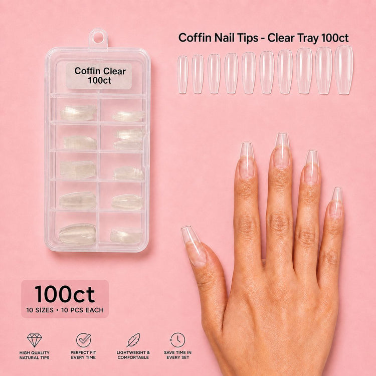 NSI Coffin Nail Tips Clear Tray 100ct, 10 sizes with 10 pieces each, hand wearing clear coffin tips