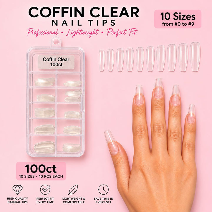 Coffin Clear nail tips, 100ct tray with 10 sizes from 0 to 9