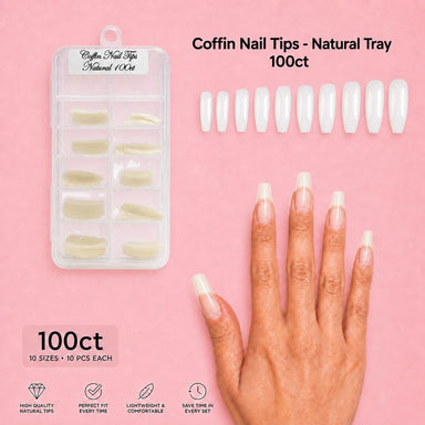NSI Coffin Nail Tips Natural Tray 100ct, 10 sizes with 10 pieces each, hand wearing natural tips