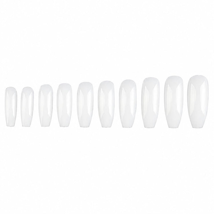 Natural coffin nail extension tips displayed from smallest to largest in 10 graduated sizes