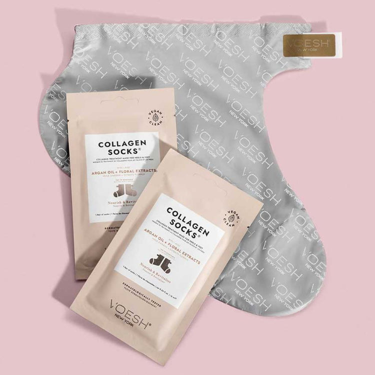 VOESH New York Collagen Socks foot mask treatment with argan oil and floral extracts, sachets and moisturizing socks