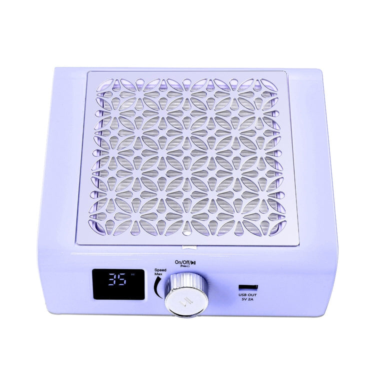 Nail Success Australia Brushless Pro Nail Dust Collector with pastel purple colour top plate, LCD speed display, USB port and rotary control