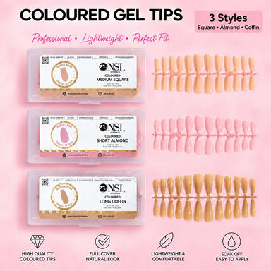 NSI coloured gel tips in 3 styles: square, almond and coffin, 240ct boxes