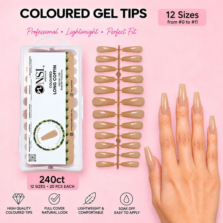 NSI coloured gel tips, Long Coffin Natural Nude, 240ct box with 12 sizes from 0 to 11