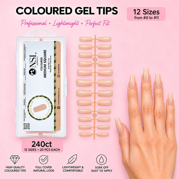 NSI coloured gel tips, Medium Square Blissful Blush, 240ct box with 12 sizes from 0 to 11