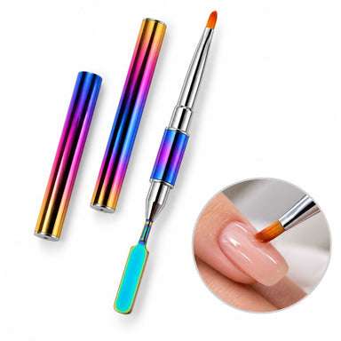 Rainbow double-ended gel brush and spatula tool with two matching protective caps, shown smoothing gel on a nude pink nail.