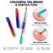 Rainbow double-ended gel brush and spatula tool with two protective caps, shown placing and smoothing pink gel on a nail.