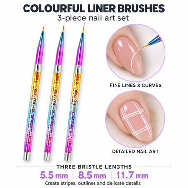 Set of three colourful nail art liner brushes with 5.5, 8.5 and 11.7 mm tips, shown with white curves and plaid designs on pink nails.