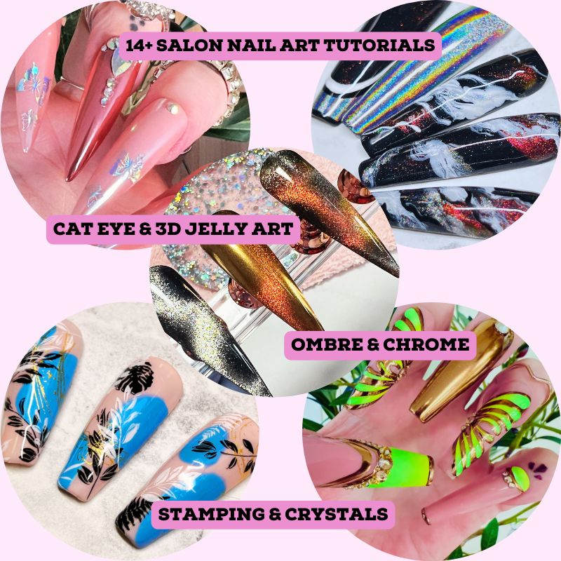 Complete Gel Nail Tech Course — collage of 14+ salon nail art tutorials including cat eye, 3D jelly, ombré, chrome, stamping and crystal designs
