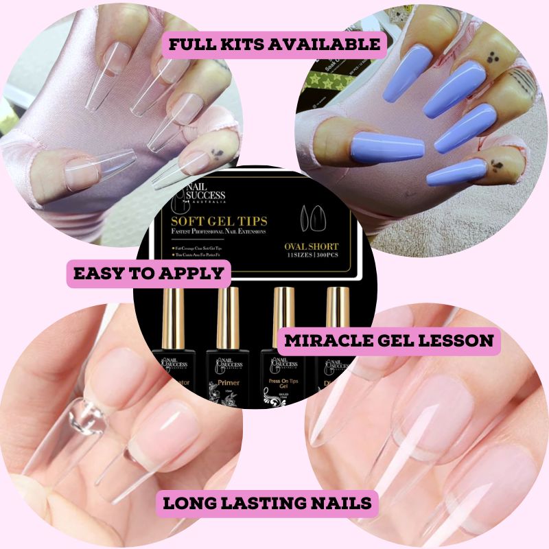 Complete Gel Nail Tech Course — collage showing soft gel (Gel-X) tips kit, application and finished nails; beginner-friendly online training by NSI Australia