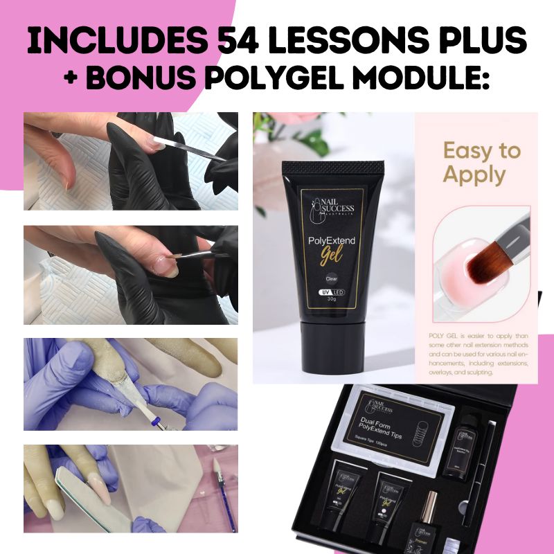Complete Gel Nail Tech Course graphic — includes 54 lessons plus bonus Polygel module with step-by-step application images, PolyExtend Gel tube and dual form kit by NSI Australia
