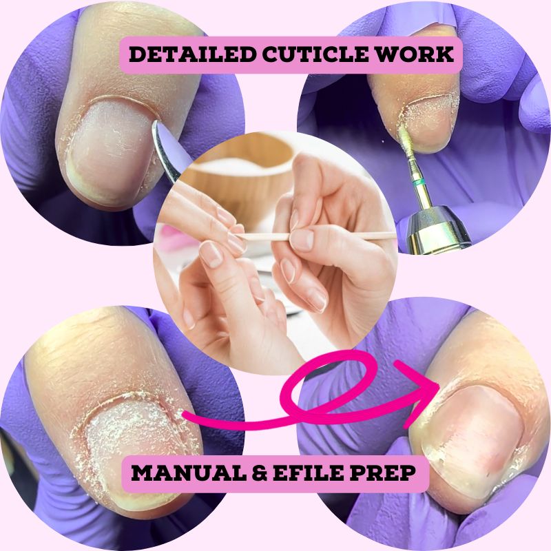 Complete Gel Nail Tech Course — detailed cuticle work collage showing manual & e-file nail prep techniques for gel manicures by NSI Australia