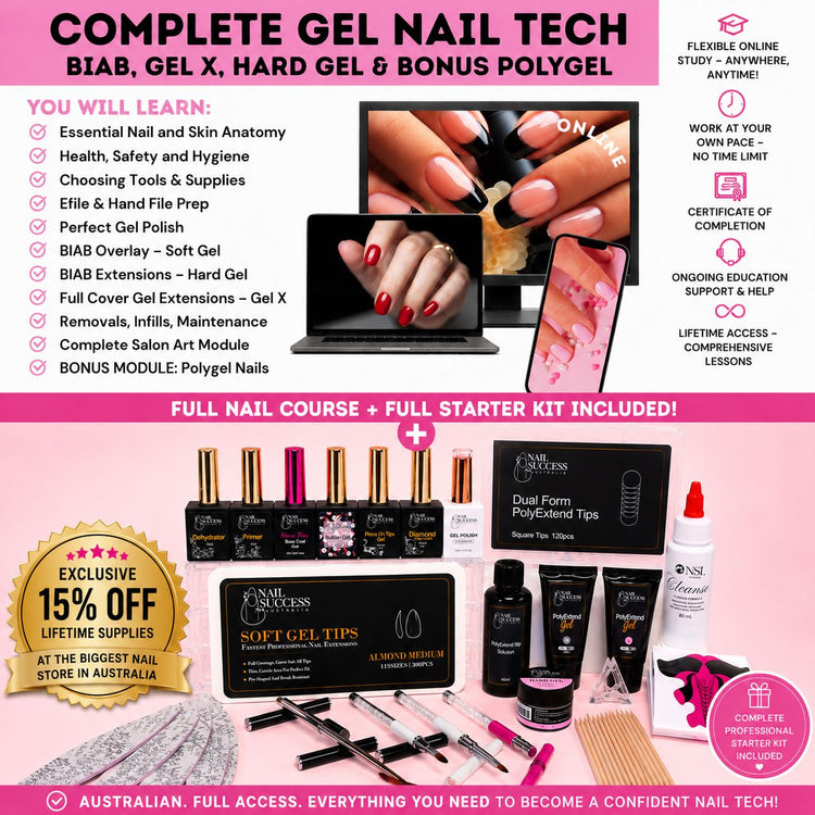 Complete gel nail tech course with BIAB, Gel X, hard gel and bonus polygel online training, certificate of completion and full professional starter kit included