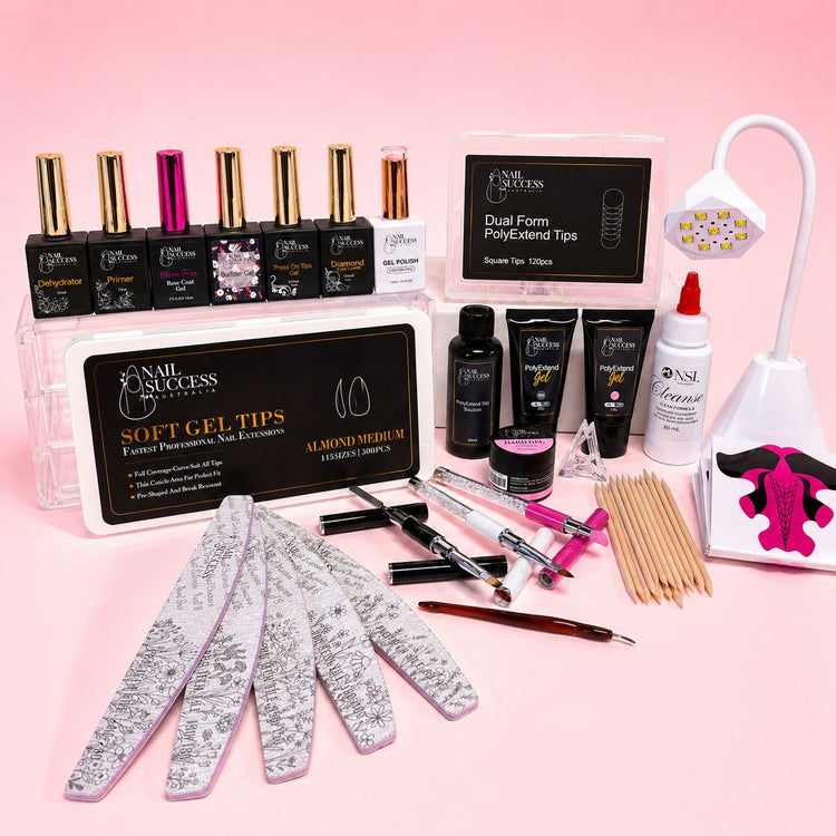 Basic gel nail tech kit with soft gel tips, dual form polyextend tips, builder gel, polygel, gel polish, primer, dehydrator, mini LED lamp, nail files, brushes and prep tools