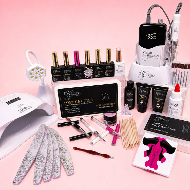 Professional gel nail tech kit with UV LED lamp, electric nail drill, soft gel tips, dual form polygel tips, builder gel, hard gel, gel polish, nail files, brushes and prep tools