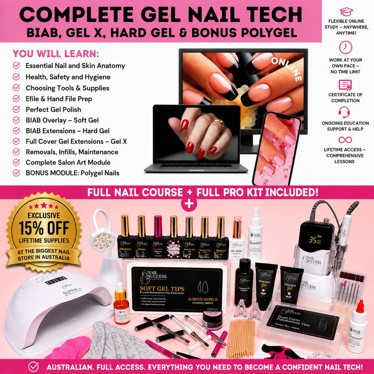 Complete gel nail tech course with BIAB, Gel X, hard gel and bonus polygel online training, certificate of completion and full professional nail pro kit included
