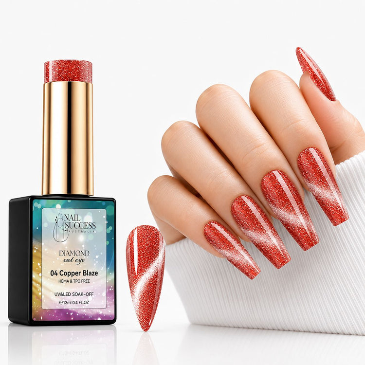 Copper Blaze HEMA- and TPO-free Diamond Cat Eye Gel Polish with matching copper-red magnetic manicure and nail swatch – Nail Success Australia