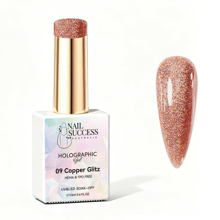 Nail Success Australia Copper Glitz holographic gel polish bottle with glossy copper holographic nail colour swatch