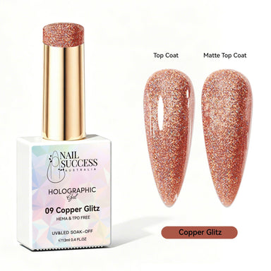 Nail Success Australia Copper Glitz holographic gel polish with top coat and matte top coat swatches