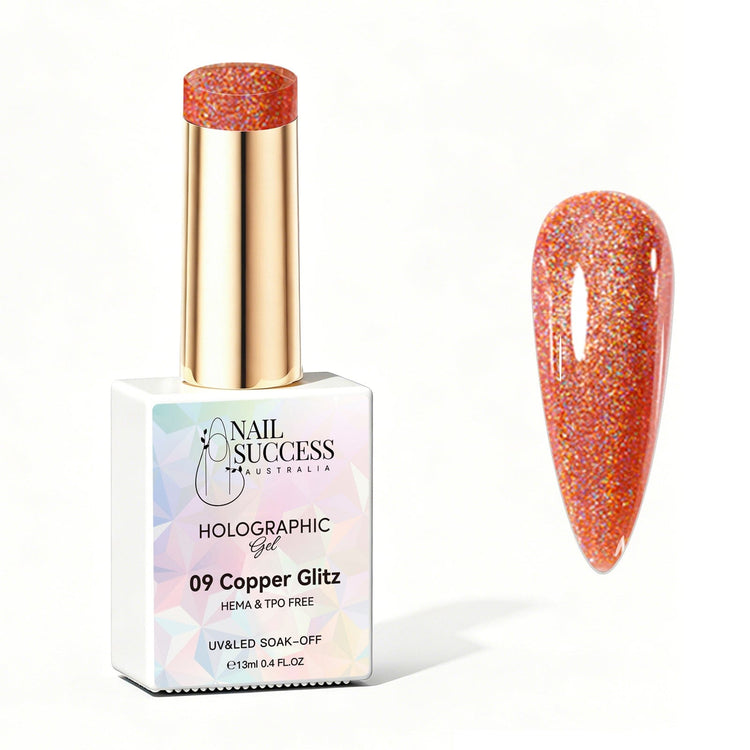 Nail Success Australia Copper Glitz holographic gel polish bottle with glossy copper holographic nail colour swatch