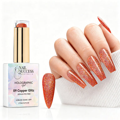 Copper Glitz holographic gel polish with copper orange glitter swatch and matching manicure for HEMA and TPO free salon nails