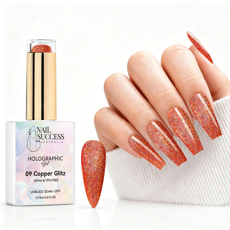 Copper Glitz holographic gel polish with copper orange glitter swatch and matching manicure for HEMA and TPO free salon nails