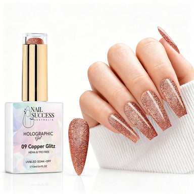 Copper Glitz holographic gel polish with copper orange glitter swatch and matching manicure for HEMA and TPO free salon nails