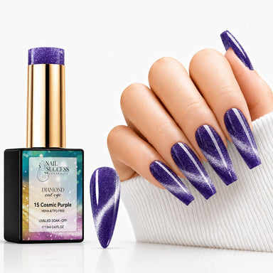 Cosmic Purple HEMA- and TPO-free Diamond Cat Eye Gel Polish with matching magnetic manicure and nail swatch – Nail Success Australia