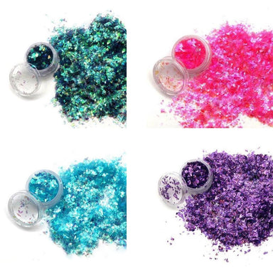 Cracked Ice nail art glitter flakes in four colours, opal green, hot pink, sky blue and purple, in small screw top jars