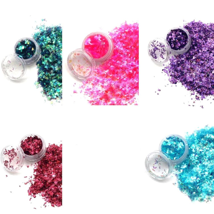 Cracked Ice Nail Art Glitter FlakesPack 6 Colours(SBlue+Opal+HSilver+Red+Pink+Purple)