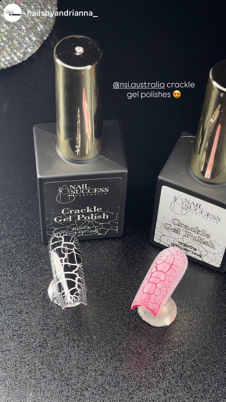Two bottles of Nail Success Australia crackle gel polish, black and white, displayed with sample nail tips showing black-on-white and pink crackle finishes