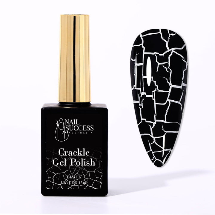 Nail Success Australia Black Crackle Gel Polish 15ml (UV/LED) bottle with crackle nail art swatch tip