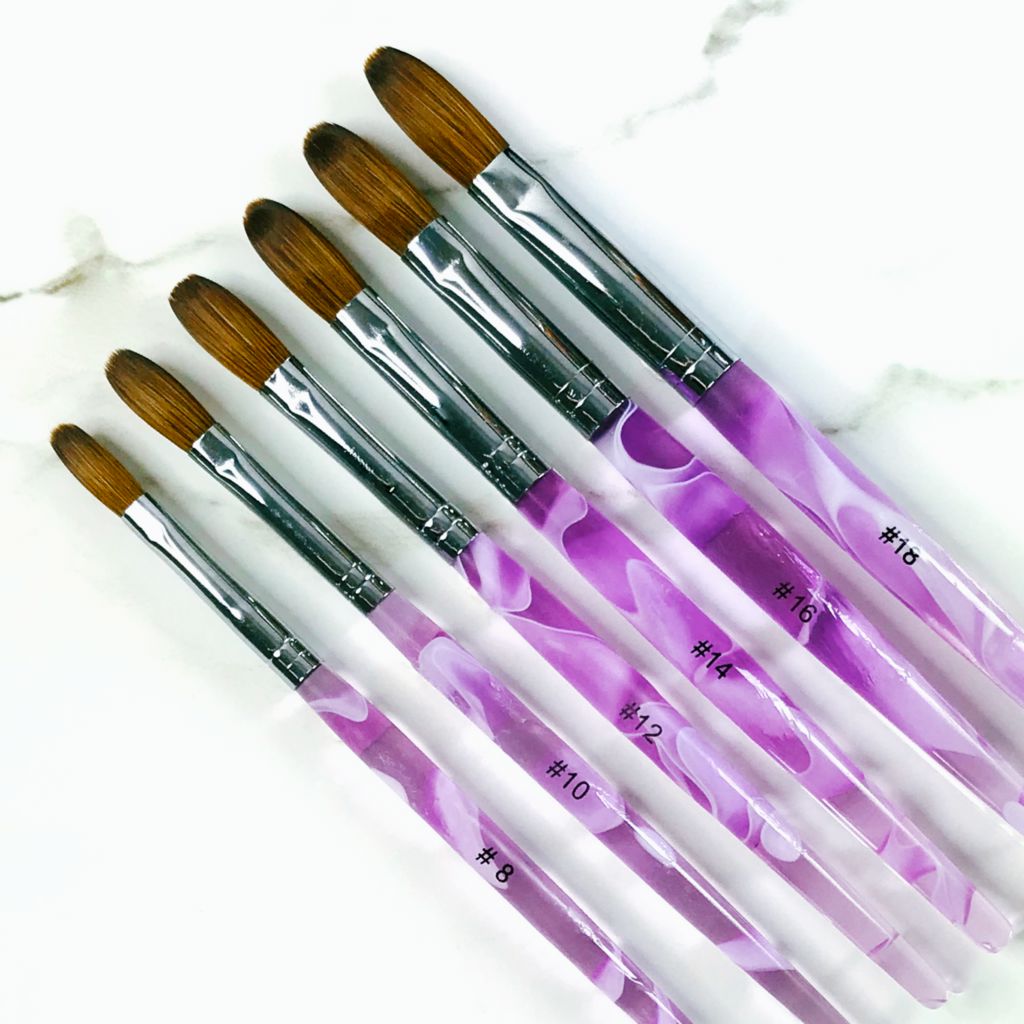 NSI Australia Crimped Kolinsky Acrylic Nail Brushes – sizes 8, 10, 12, 14, 16 & 18 with purple marbled handles for professional sculpting