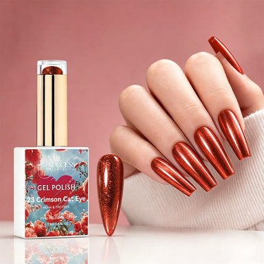 NSI Australia Crimson Cat Eye red shimmer gel polish with glossy metallic manicure and swatch, shade 23