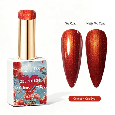 Nail Success Australia Crimson Cat Eye red shimmer gel polish with glossy and matte nail colour swatches