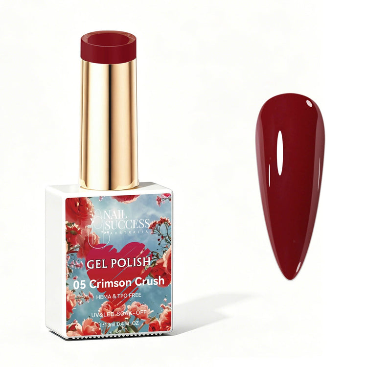 Nail Success Australia Crimson Crush deep red gel polish bottle with glossy nail colour swatch