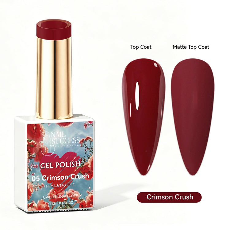 Nail Success Australia Crimson Crush deep red gel polish with glossy and matte nail colour swatches