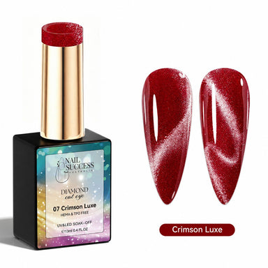Crimson Luxe HEMA- and TPO-free Diamond Cat Eye Gel Polish with two red magnetic nail swatches – Nail Success Australia